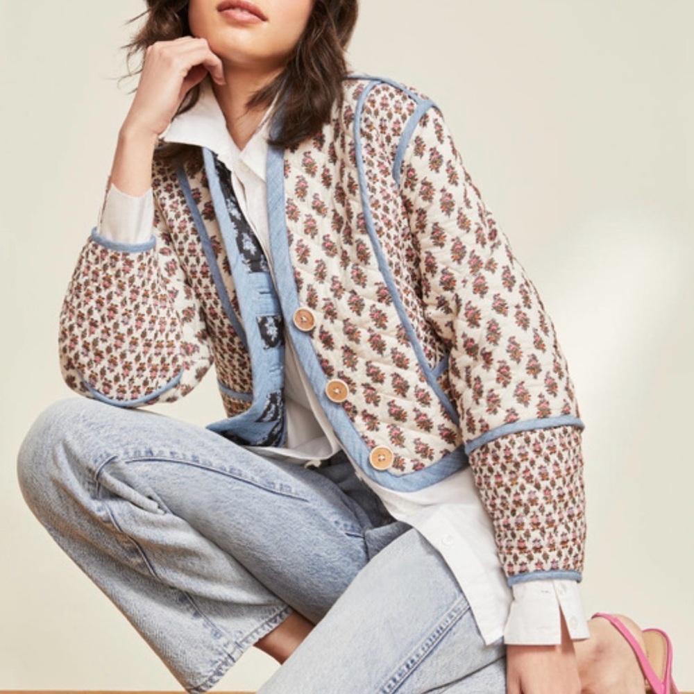 Veronica Beard Cream Floral Quilted Jacket with Blue Trim